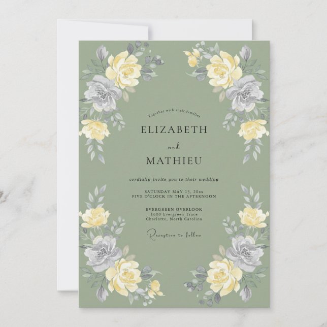 Invitation Mariage Paonies Argent Olive (Devant)