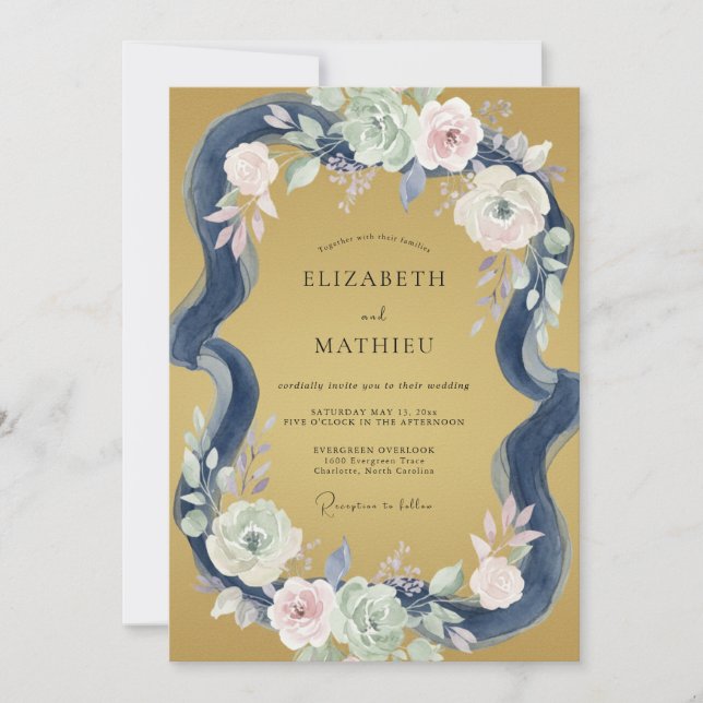 Invitation Mariage Paonies Indigo Or (Devant)