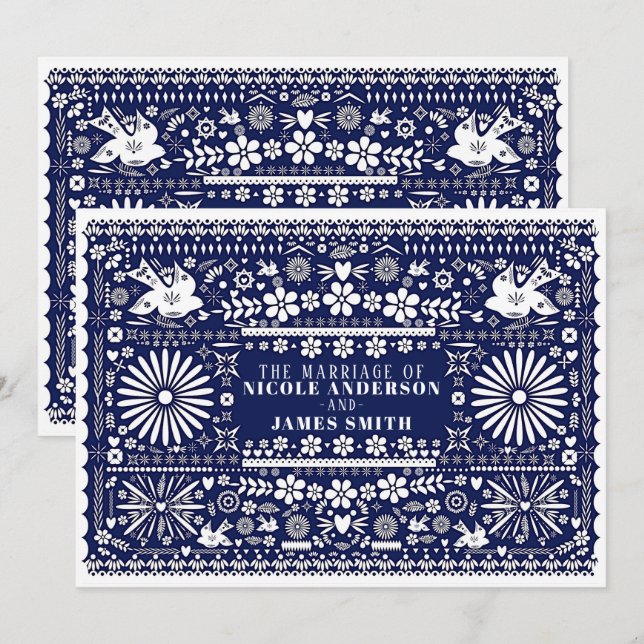 Invitation Mariage Papier Bleu Blanc Picado Mexicain (Devant / Derrière)