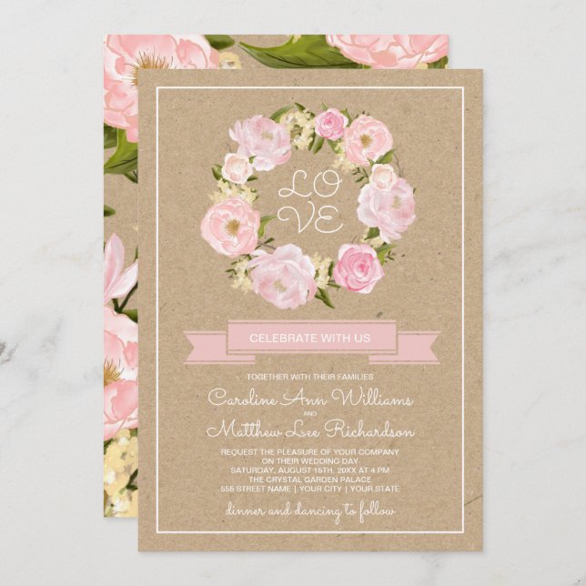 Invitation Mariage papier Kraft Pony rose pâle (Devant / Derrière)