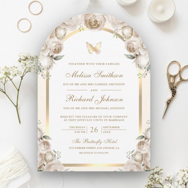 Invitation Mariage Papillon Arc Doré Fleur Crème d'Ivoire (Créateur téléchargé)