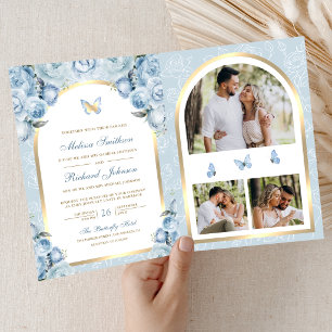 Invitation Mariage Papillon Arc Doré Floral Bleu Tendre
