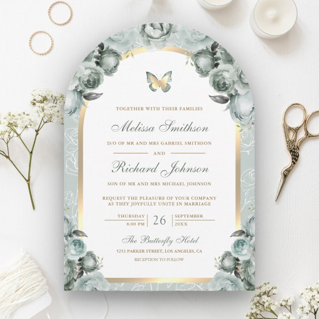 Invitation Mariage Papillon Arc Doré Floral Vert Sauge (Créateur téléchargé)