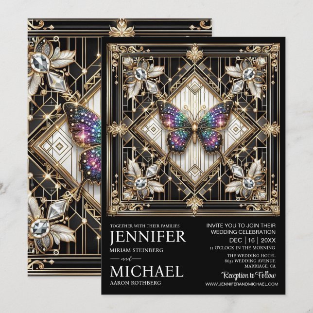 Invitation Mariage papillon arc-en-ciel Art Déco de luxe  (Devant / Derrière)