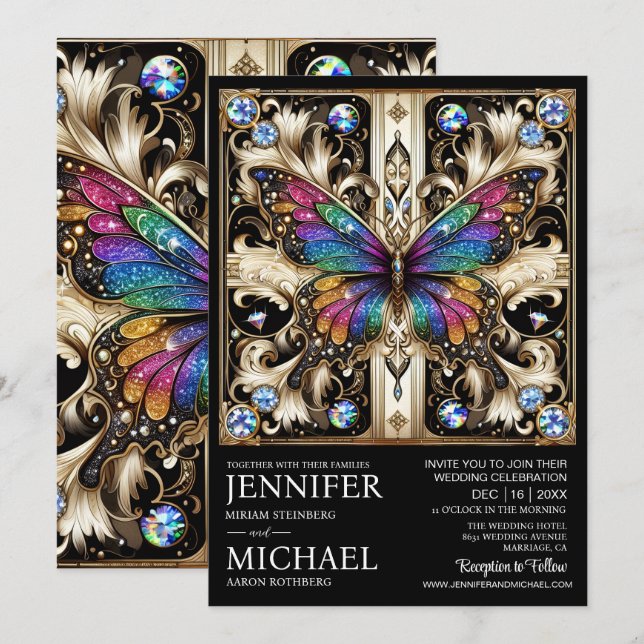 Invitation Mariage papillon arc-en-ciel Art Déco de luxe  (Devant / Derrière)