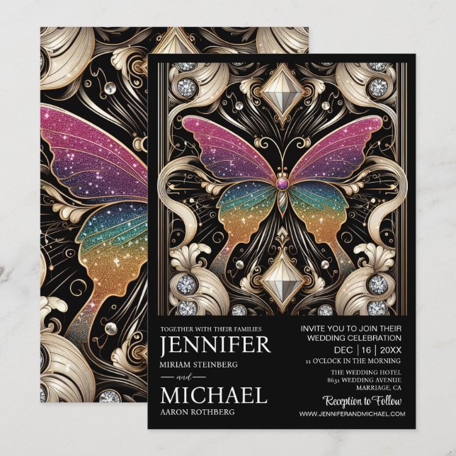 Invitation Mariage papillon arc-en-ciel Art Déco de luxe  (Devant / Derrière)