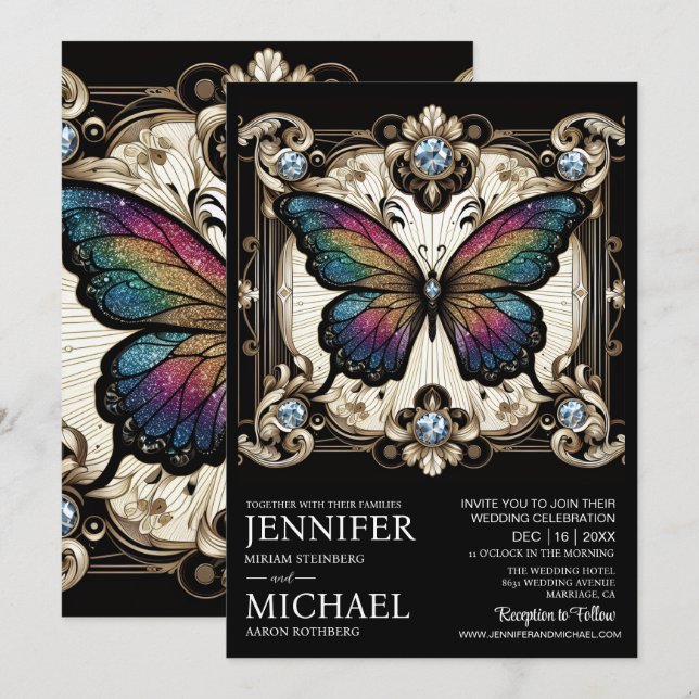 Invitation Mariage papillon arc-en-ciel Art Déco de luxe  (Devant / Derrière)