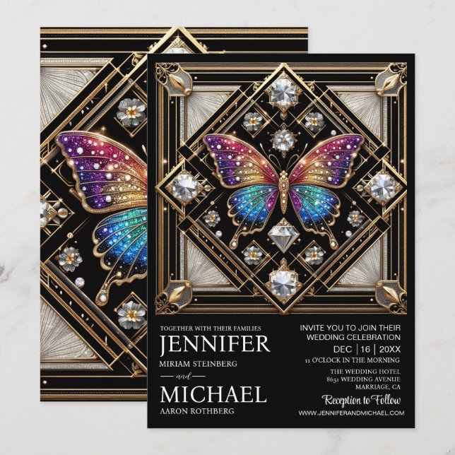 Invitation Mariage papillon arc-en-ciel Art Déco de luxe  (Devant / Derrière)
