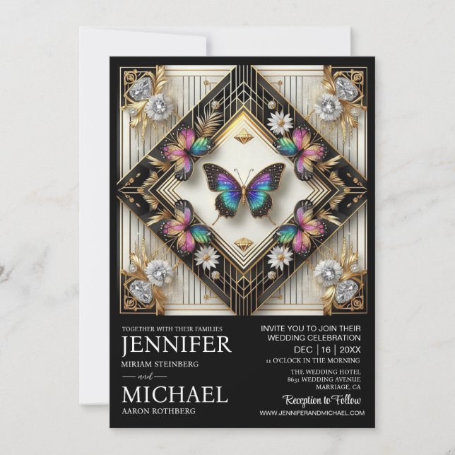 Invitation Mariage papillon arc-en-ciel Art Déco de luxe  (Devant)