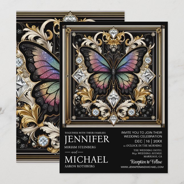 Invitation Mariage Papillon Arc-en-Ciel Art Déco Luxe (Devant / Derrière)
