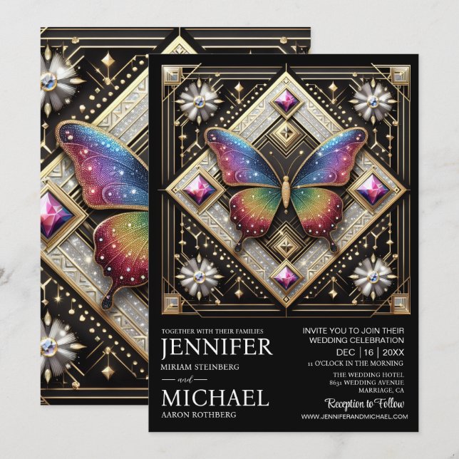 Invitation Mariage Papillon Arc-en-ciel Art Déco Luxe (Devant / Derrière)