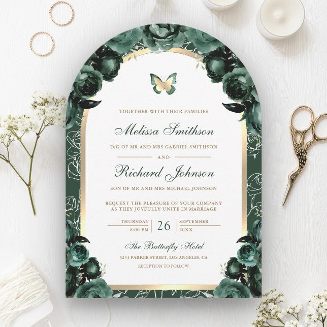 Invitation Mariage Papillon Arc Floral Vert Émeraude Or (Créateur téléchargé)