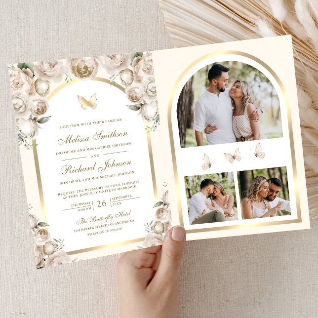 Invitation Mariage Papillon Arche Dorée Crème d'Ivoire Floral (Créateur téléchargé)