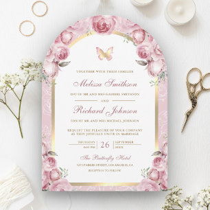 Invitation Mariage Papillon Arche Dorée Fleur Rose Rougissant