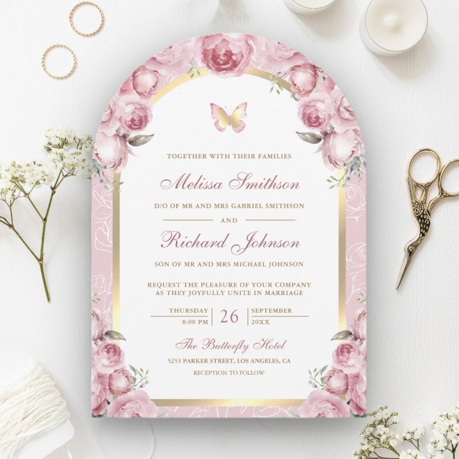Invitation Mariage Papillon Arche Dorée Fleur Rose Rougissant (Créateur téléchargé)