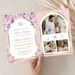 Invitation Mariage Papillon Arche Dorée Florale Rose Lavande