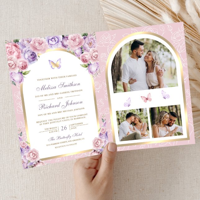 Invitation Mariage Papillon Arche Dorée Florale Rose Lavande (Créateur téléchargé)