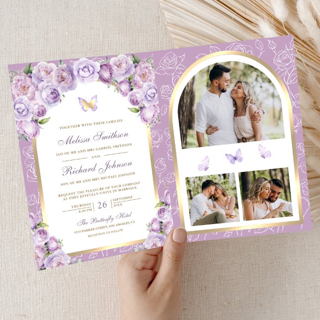 Invitation Mariage Papillon Arche Fleurie Violet Lavande Or (Créateur téléchargé)