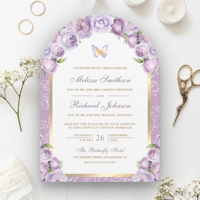 Invitation Mariage Papillon Arche Florale Or Violet Lavande (Créateur téléchargé)