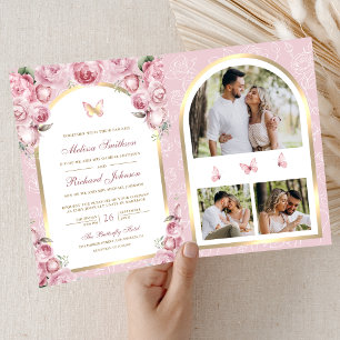 Invitation Mariage Papillon Arche Florale Rose Foncé Or