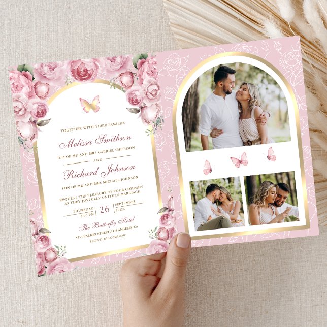 Invitation Mariage Papillon Arche Florale Rose Foncé Or (Créateur téléchargé)