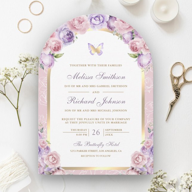 Invitation Mariage Papillon Arche Florale Rose Lavande Or (Créateur téléchargé)