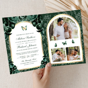 Invitation Mariage Papillon Arche Florale Vert Émeraude Or