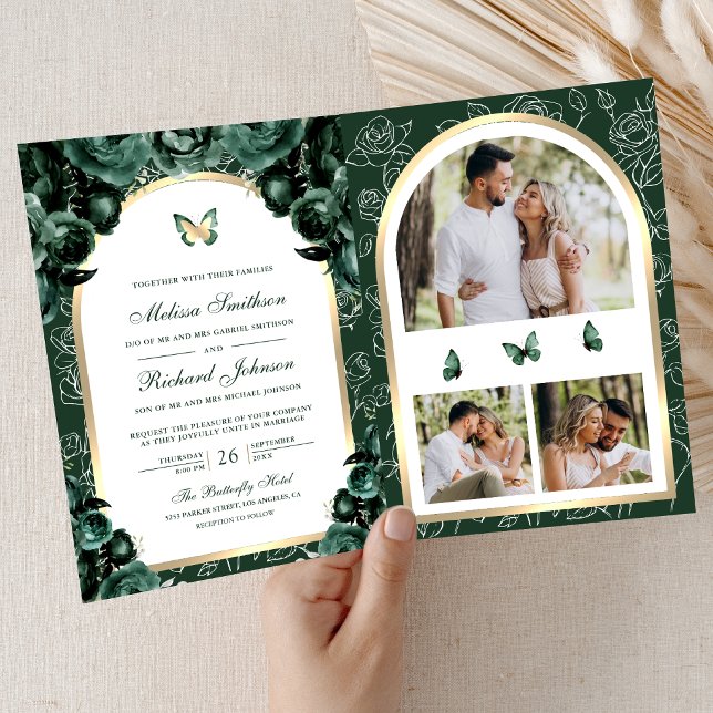 Invitation Mariage Papillon Arche Florale Vert Émeraude Or (Créateur téléchargé)