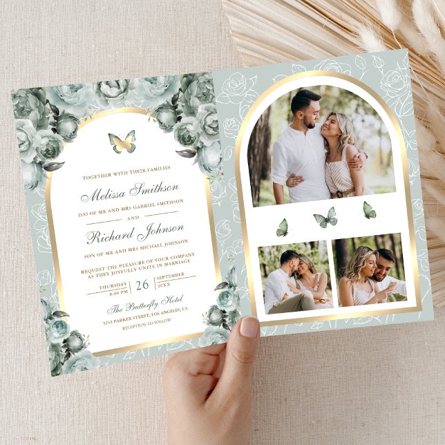 Invitation Mariage Papillon Arche Florale Vert Sage Or (Créateur téléchargé)