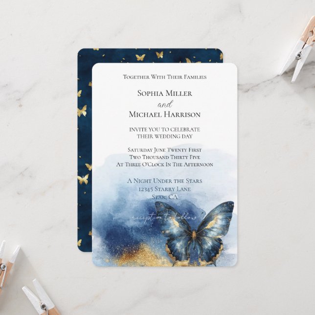 Invitation Mariage Papillon Bleu Or   (Devant/Arrière en situation)