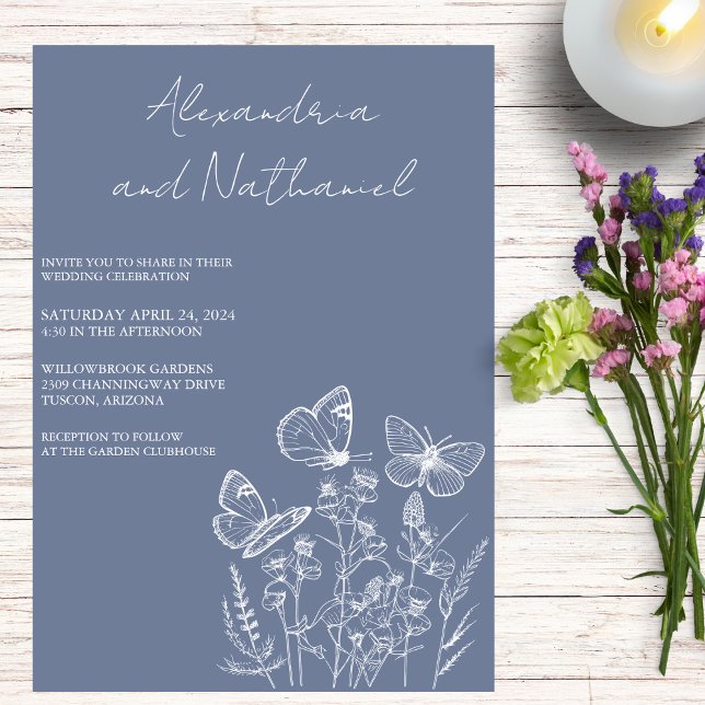 Invitation Mariage Papillon Bleu Poussiéreux Moderne & Blanc  (Créateur téléchargé)