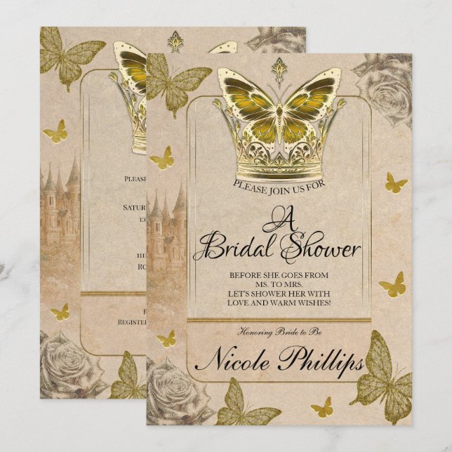 Invitation Mariage papillon doré livre ancien (Devant / Derrière)
