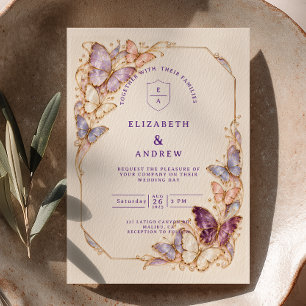 Invitation Mariage papillon élégant perle d'or