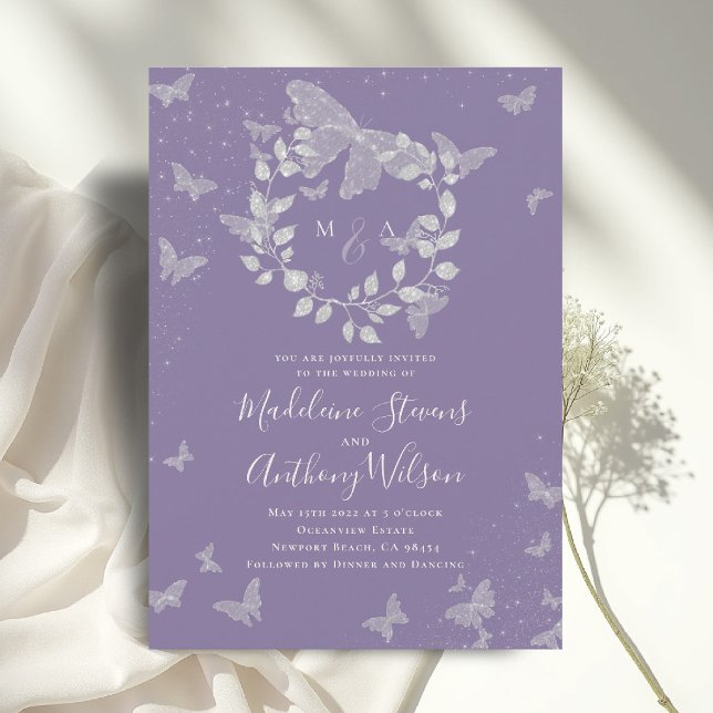 Invitation Mariage Papillon Éthéré Eucalyptus Lavande (lavender wedding invitation butterflies eucalyptus crest modern classic romantic elegant calligraphy)
