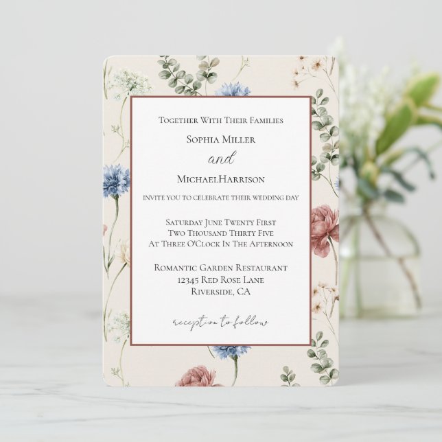 Invitation Mariage Papillon Fleurs Blanches Bleues Rose Bourg (Debout devant)