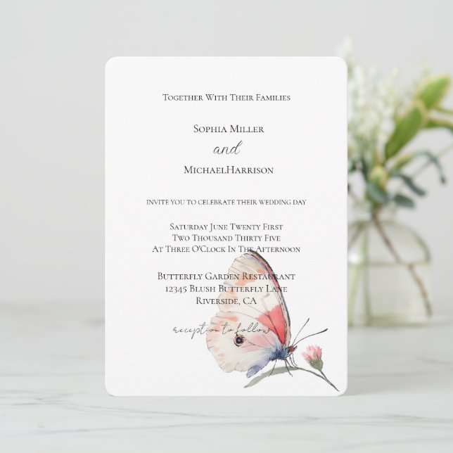Invitation Mariage Papillon Floral au Pêche Rosé (Debout devant)