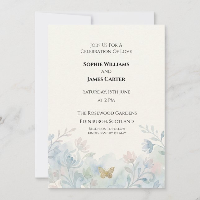 Invitation Mariage Papillon Floral Bleu (Devant)
