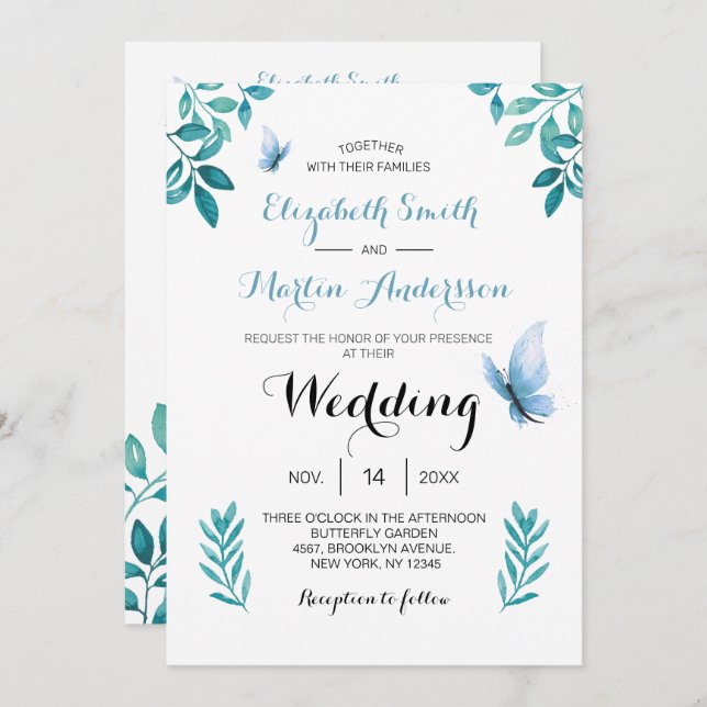 Invitation Mariage papillon floral bleu aquarelle doux (Devant / Derrière)