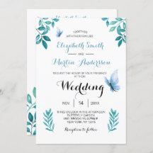 Mariage papillon floral bleu aquarelle doux