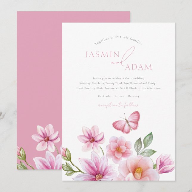 Invitation Mariage Papillon Floral Rose Romantique (Devant / Derrière)