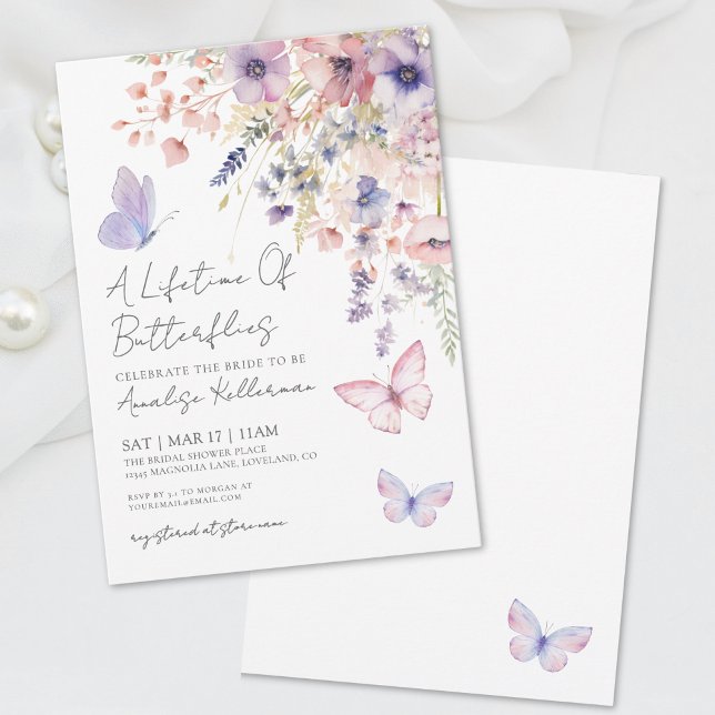 Invitation Mariage papillon floral rose violet (Elegant Butterfly Bridal Shower Invitation)