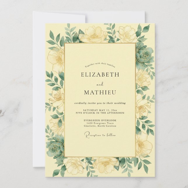Invitation Mariage papillon jaune feuille de jardin (Devant)