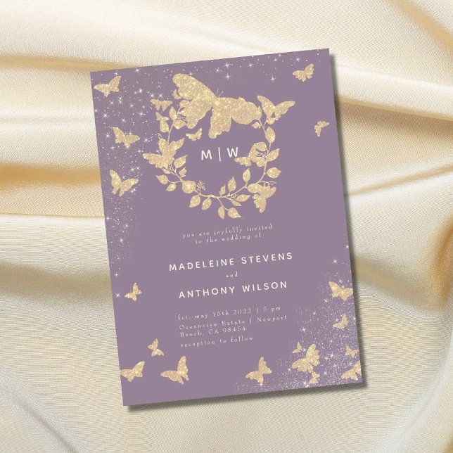 Invitation Mariage papillon Lilac Or Monogrammes Élégant (Créateur téléchargé)