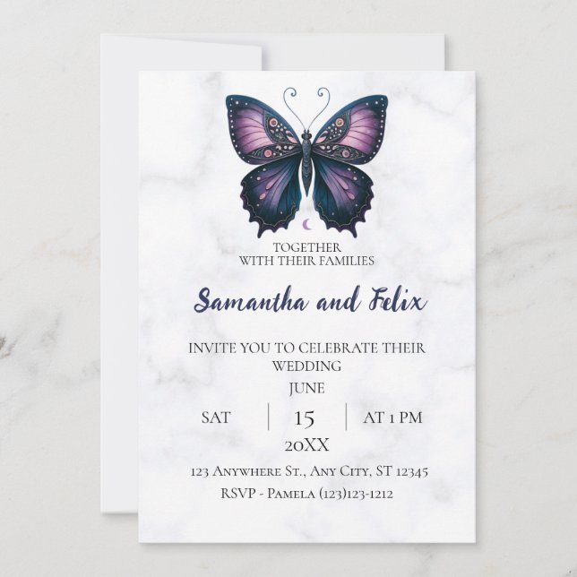 Invitation Mariage Papillon Lune Mystique Marbre (Devant)