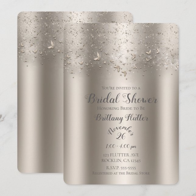 Invitation Mariage Papillon Paillettes Champagne : Shower de  (Devant / Derrière)
