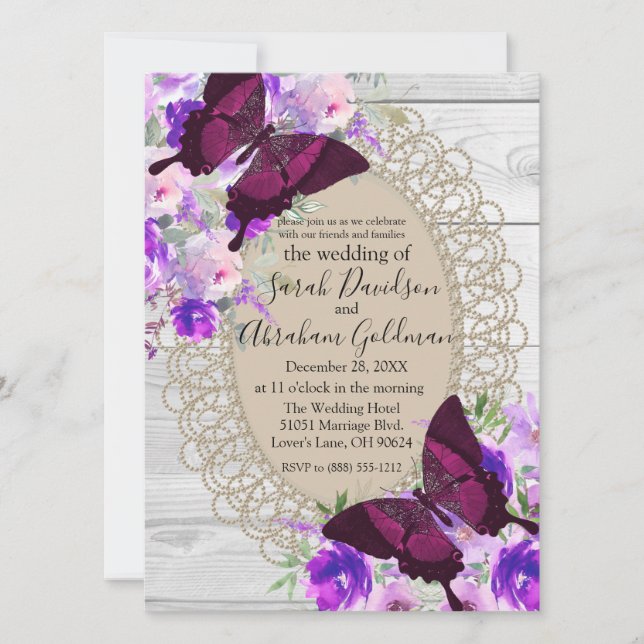 Invitation Mariage Papillon Papillons en Dentelle de Bois Bla (Devant)