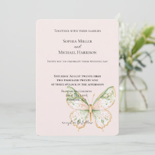 Invitation Mariage Papillon Rose Pâle Vert Menthe Or