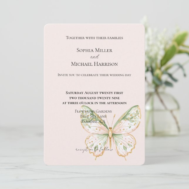 Invitation Mariage Papillon Rose Pâle Vert Menthe Or (Debout devant)