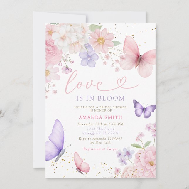 Invitation Mariage papillon rose violet Amour en fleurs Showe (Devant)