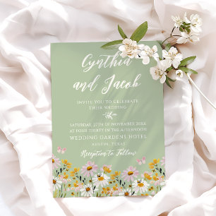 Invitation Mariage papillon vert sauge fleur sauvage fantaisi